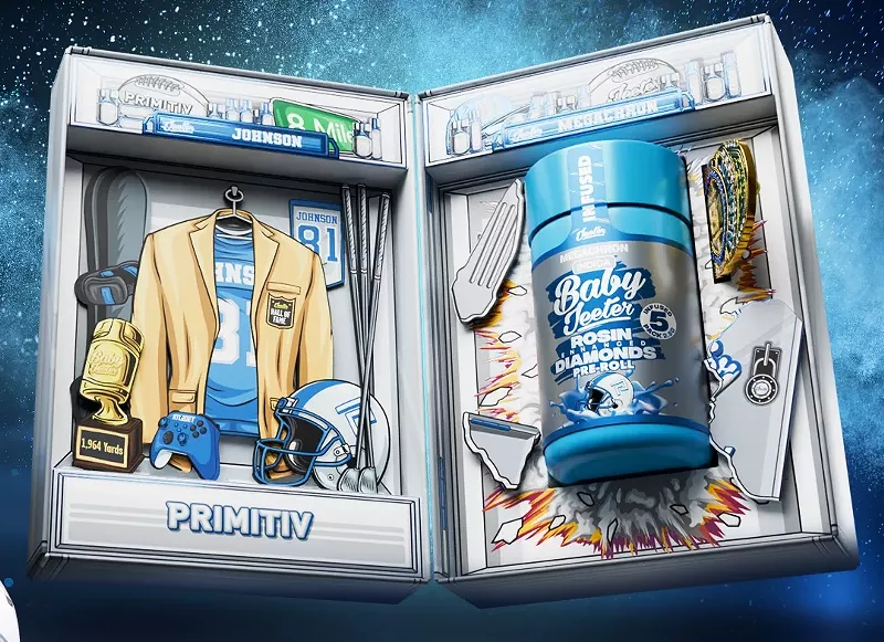 Collection of blue-and-white Detroit-themed apparel, including jackets, hoodies, tracksuits, T-shirts, shorts, a cap, and socks featuring cartoon graphics and Detroit lettering.
