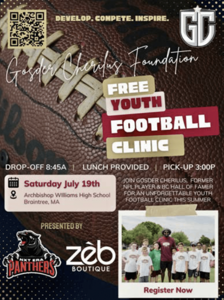 Flyer promoting a free youth football clinic sponsored by a foundation, with a football-textured background and large bold text, listing details about drop-off and pick-up times, lunch being provided and the July 19th date, plus a small photo of children with a coach.