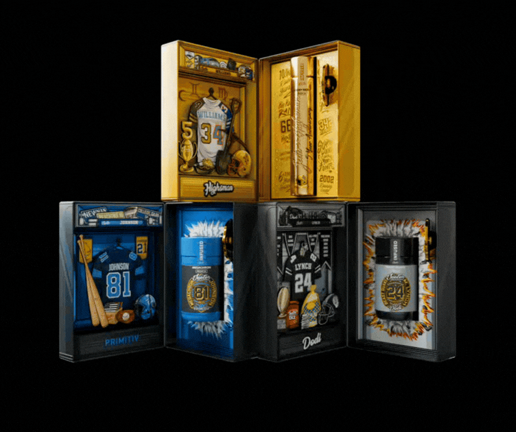 A rotating collection of luxury cannabis product boxes, each featuring a unique sports theme with signed jerseys, memorabilia, and branded products.