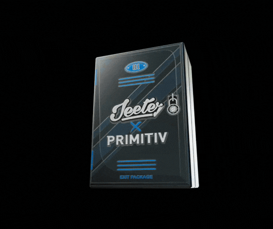 A rotating image of a cannabis product package featuring the Jeeter x Primitiv branding, with a sleek design and lock symbol.